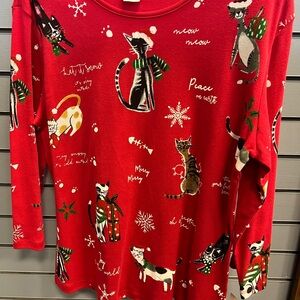 Festive Cat Print Red Women's Top